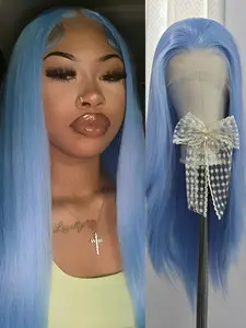 Light Blue Straight Synthetic Lace Wig 13×4 Deep Lace Natural Hairline Lace Front Wigs Hear Resistant Fiber Hair for Men Women Wear Cosplay Party Use Blue Hair Synthetic Material Wigs