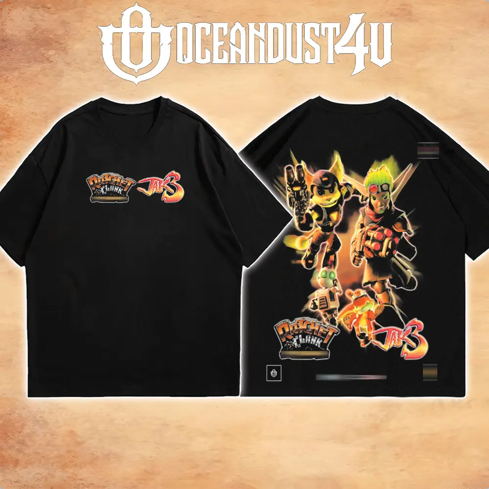 OceanMOB4U Ratchet & Clank x Jak 3 Graphic T-Shirt, Retro Gaming Crossover Tee, Jak and Daxter Video Game Shirt, Front & Back Print Gamer T-Shirt, Nostalgic Gaming Fan Gift