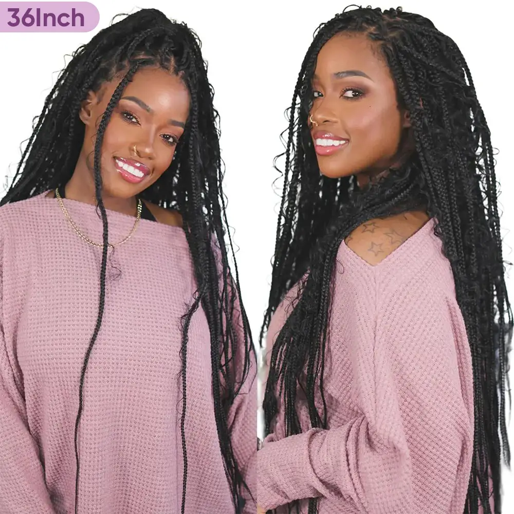 Holiday Musts 36 Inches Full Lace Premium Synthetic Fiber Knotless Bohemian Box Braided Wigs Wavy SuperNova Hair DM to Pre-cut Lace