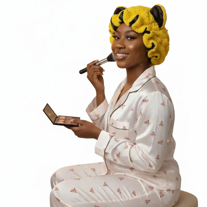 Plush Teddy Hair Bonnet for Women & Kids, Yellow & Black 3D Design with Satin Lining - Haircare Sleeping Cap for Curly Hair, Braids, Locs