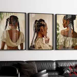 Black Woman Wall Art Set of 3, Braids Art, Black Hair Art, Female Beauty Poster, Hair Salon Decor