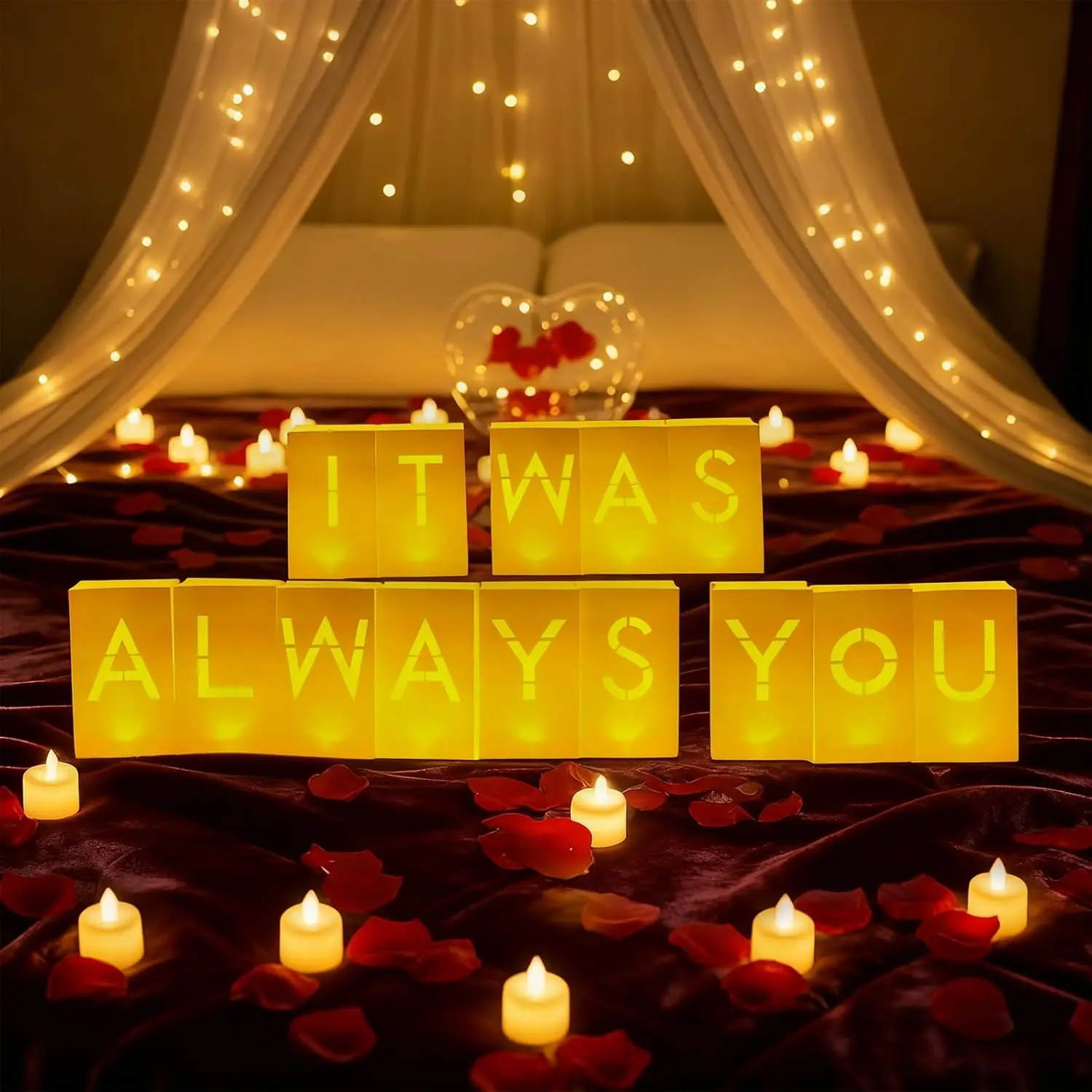 It Was Always You Decorations - Romantic Decoration Kit with Light Up Letters, 30  Light Candles, 2000 Rose Petals, 10 Balloons - Luminary Bags for Anniversary