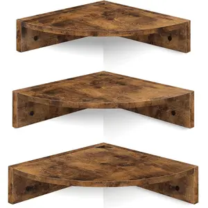 Corner Shelf Wall Mount, Set of 3 Floating Corner Shelves with Cord Hole, 3 Tier Wood Wall Display Shelf for Storage, Fits Bathroom Living Room Kitchen Bedroom, Rustic Brown and Black