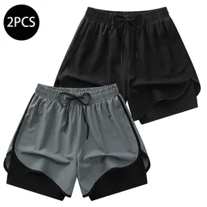 Men's sports fitness shorts, faux two-piece solid color comfortable breathable shorts, men's daily wear casual breathable shorts, 2-pack