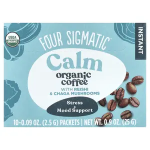 Four Sigmatic Instant Organic Coffee with Reishi & Chaga Mushrooms, Calm, Medium Roast, 10 Packets, 0.09 oz (2.5 g) Each