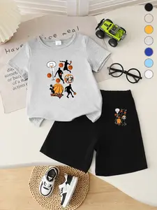 Summer Boys' Short Sleeve T-Shirt & Loose Shorts Set, Basketball Player Design, Casual Fit, Ages 2-7, Comfortable Summer