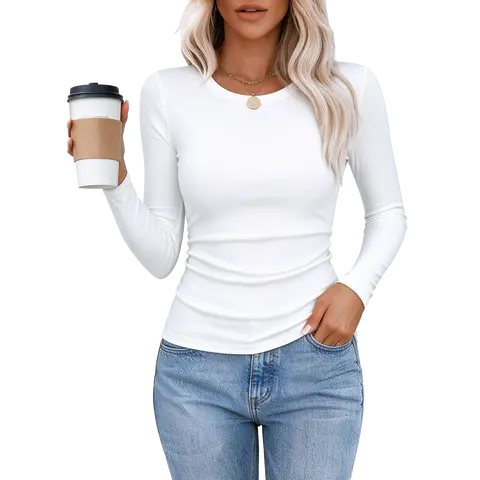 Womens Long Sleeve Stretch Slim Round Neck Ribbed Basic Shirts Top Casual basic tops blouseswomen Fit Everyday
