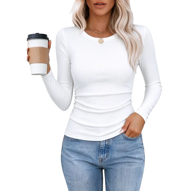 Womens Long Sleeve Stretch Slim Round Neck Ribbed Basic Shirts Top Casual basic tops blouseswomen Fit Everyday
