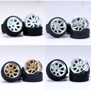 1/64 Wheels and Tires,Real Riders Series,Upgrade Mainline Diecast Model Cars,Diameter is 0.43in, 4 Sets/pack,Eight-axis Spokes,ABS Wheels with Rubber Tire Rivet Axle Metal Rims(HW-D)