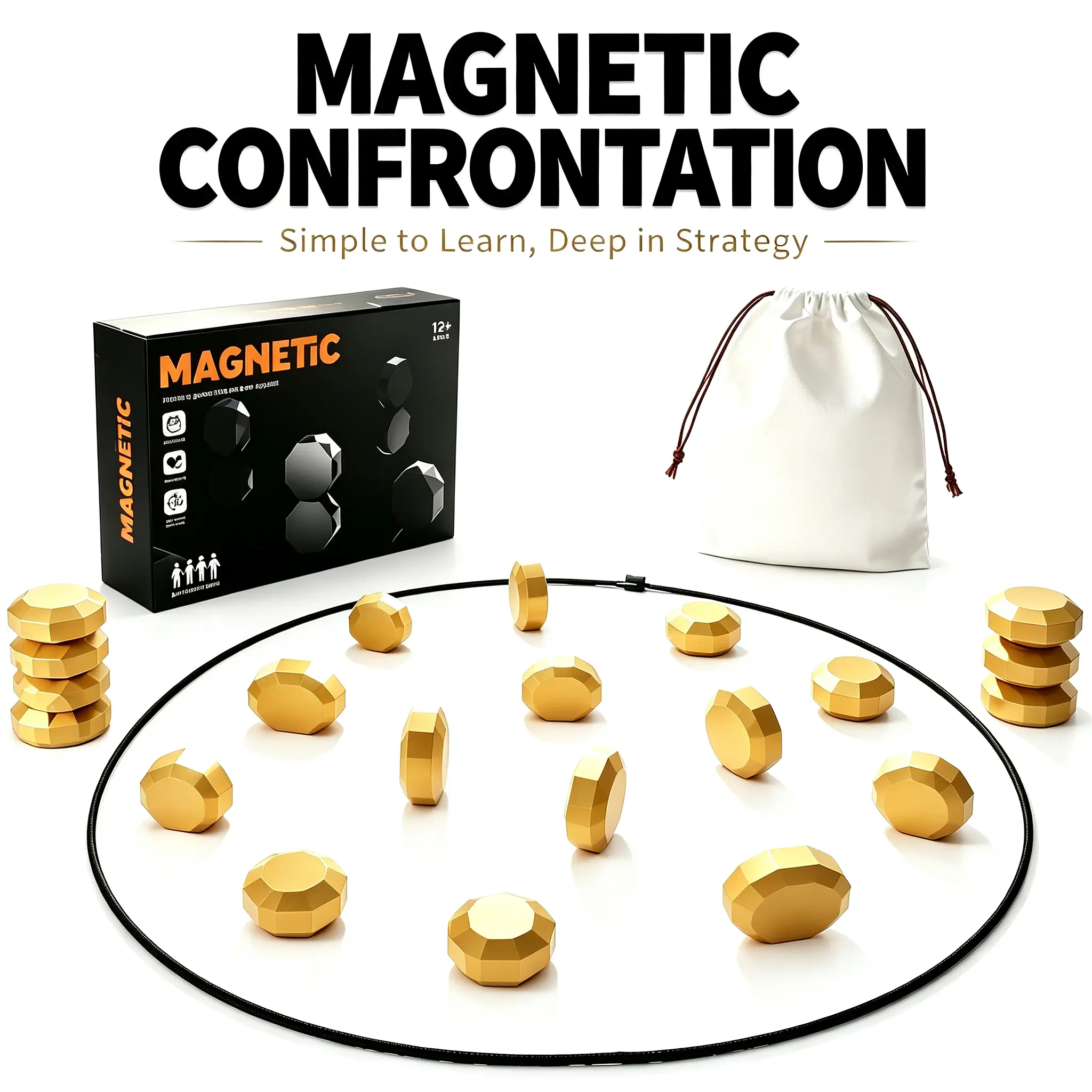 Magnetic Chess Game with 20 Magnetic Stones, 2-4 Player Family Strategy Board Game, Portable Travel Puzzle Toy with Play Rope & Storage Bag for Kids Adults