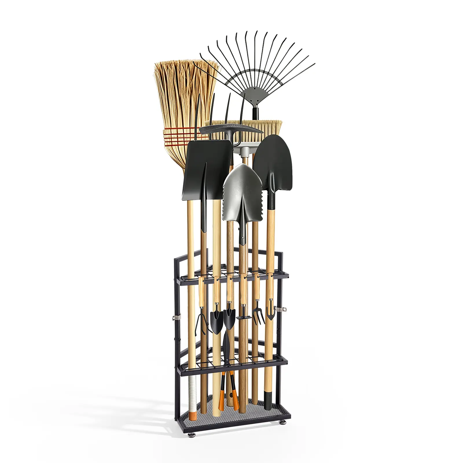 VEVOR Garden Tool Organizer for Corner, 17 Slots, Metal Garage Storage Rack, for Rakes/Shovels/Brooms, Yard Utility Tool Holder for Shed/Outdoor/Lawn Organization, Heavy-Duty Steel, with Hooks, Black
