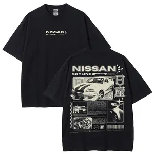 Vintage JDM Sports Car Graphic Washed Denim T-Shirt Skyline Men's Graphic Tees Streetwear Outfits Men Vacation Outfits Oversized Tshirt Men Cotton Graphic Tees Trending