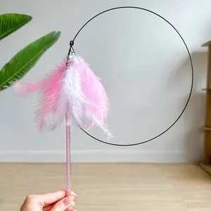 Colorful Feather Cat Teaser - Pink or Blue Feather Teaser and 2 Additional Replacement Heads
