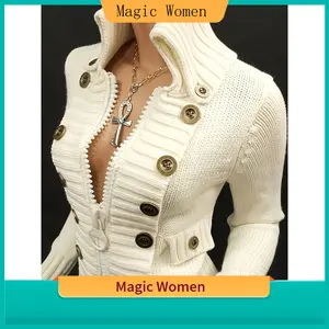 Women's Short Solid Casual Knitwear Cardigan - Fabric Construction, Multi-Button Decoration, Large Zipper, Stand-Up Collar, Slim-Fit Design