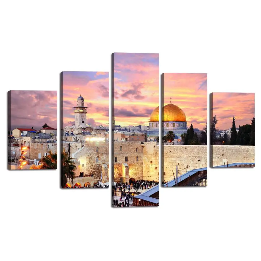 5 Piece Islamic Religion Canvas Painting Jerusalem Wall Art Mecca Modern Muslim Split Artwork 5 Panel Prints Giclee for Living Room Home Decor Wooden Framed Stretched Ready to Hang