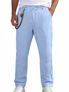 Men's Multicolor Linen Casual Straight Leg Pants, Colorful Drawstring, Elastic Waist, Bohemian Style, Fashion, Breathable Summer Long Pants