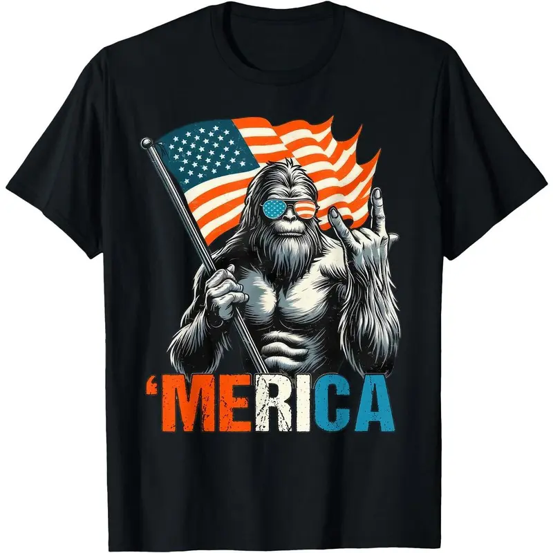 [100% Cotton]Bigfoot Merica Rock American Flag Patriotic 4th Of July T-Shirt Graphic Tees