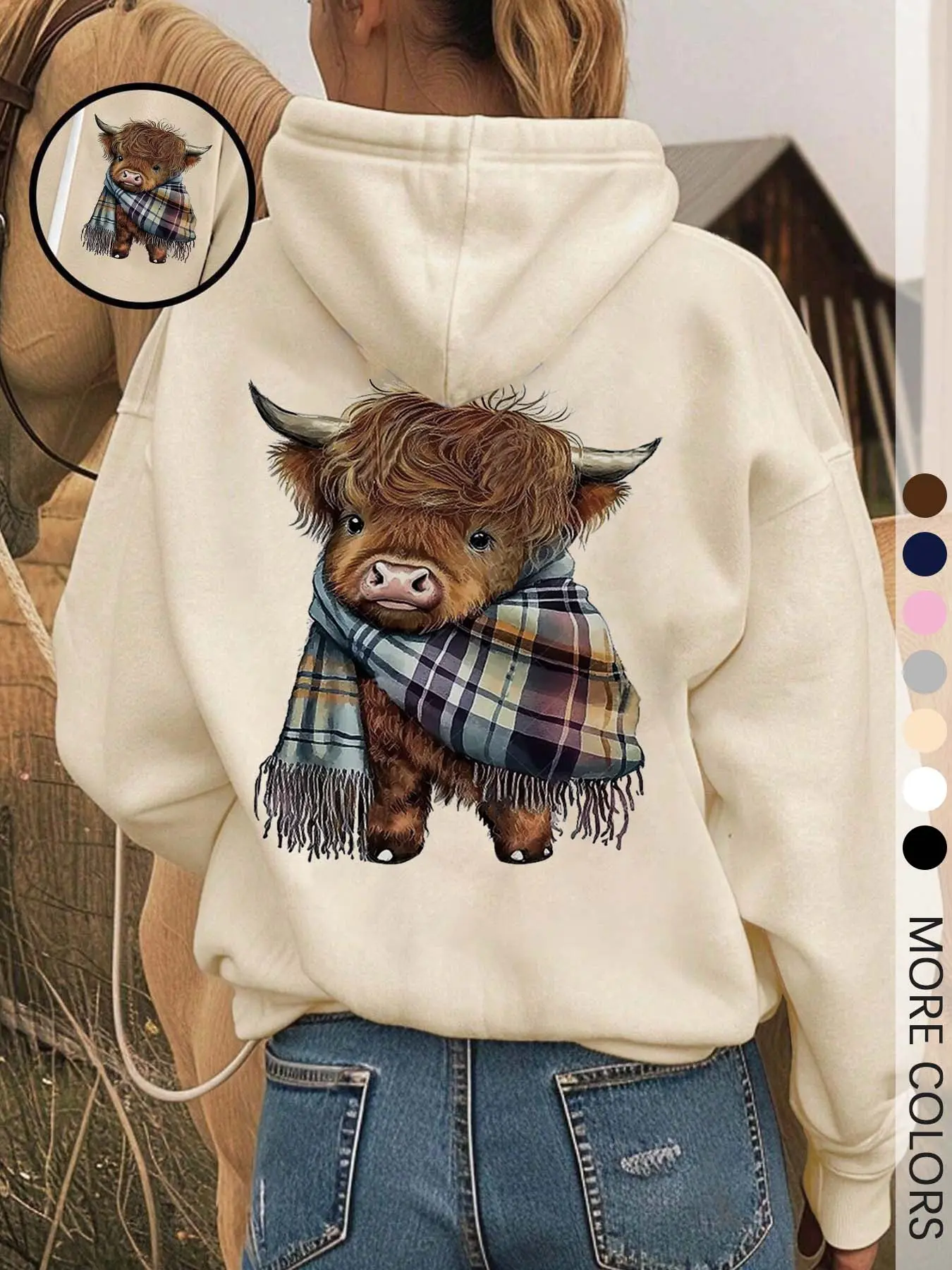 Cozy Fleece-Lined Hooded Fitted Long Sleeves Sweatshirt, Funny Sweatshirt, Cute Highland Cow Animal Design, Unisex Casual Winter Fashion Womenswear with Soft Warm Plush Interior for Cold Weather Aesthetics, Casual Fitted Hoodie