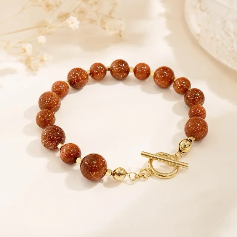 Beads Venturina # 11 Stainless Steel Bracelet with Brown Beads and Gold Clasp
