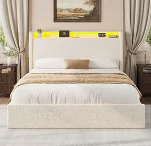 Full Size Boucle Bed Frame with Storage Headboard, Charging Station and LED Lights, Upholstered Platform Bed Frame with 4 Storage Drawers, No Box Spring Needed, Noise Free, Beige