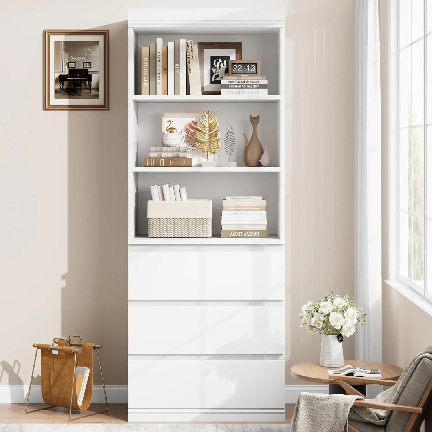 70" H Bookcase with 3 Storage Drawers,Tall Bookshelf w/ 3-Tier Open Shelf, Morden Storage Bookcase Wooden Deep Bookshelves Storage Cabinet Organizer for Library Office Living Room
