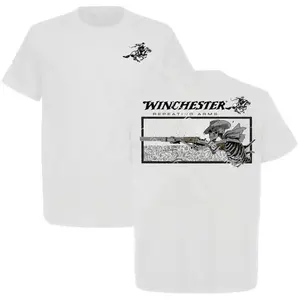 Winchester Repeating Arms T-Shirt, Skeleton Cowboy Graphic Tee, White Cotton Menwear, Vintage Western Hunting Shirt, Gift for Gun & Cowboy Fans.