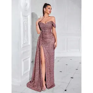 Women'sOffShoulderRuchedHighSlitPartyMaxiDressSuitableForDancingCocktailPartyWithFlowingRibbonFabricFit