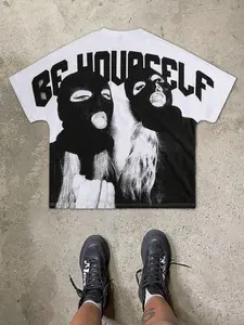 Men's Letter & Mask Print Round Neck Tee, Regular Fit Casual Graphic Design Short Sleeve T-shirt for Daily Wear, Men's Top for All Seasons