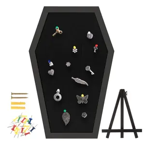 Coffin Pin Display Board - Wooden Felt Bulletin Board for Table Top or Wall - Gothic Decor for Home, Office and School - 17 x 11 Inches - Black Desk Mount Stationary Organizer Holder