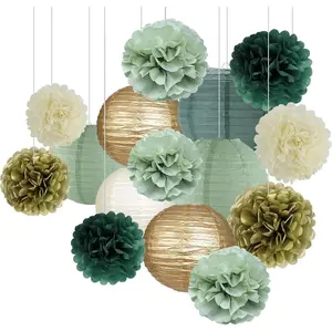 Sage Green Party Decorations, Sage Green Paper Lanterns and Pom Poms  for Birthday Party  Shower Wedding Shower Decor //Sage Green 15 count