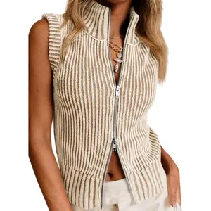 Minimalist Women's Ribbed Knit V-Neck Zip-Up Sweater Vest, Casual Sleeveless Striped Tank Top - New In Womenswear