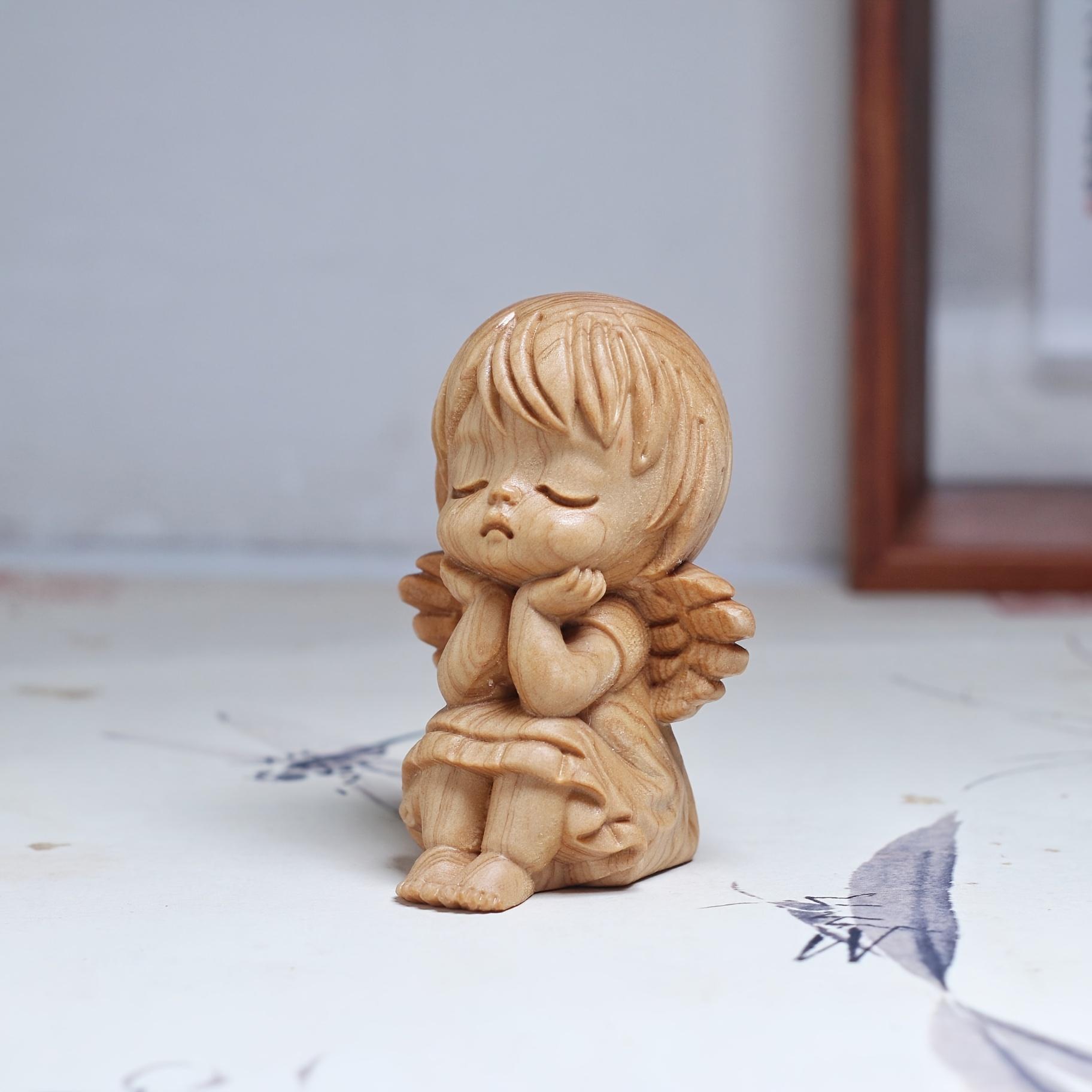 2Pcs Hand Carved Sandalwood Angel Figurines, Mini Winged Angel Statues, Home Desk Decor & Gift