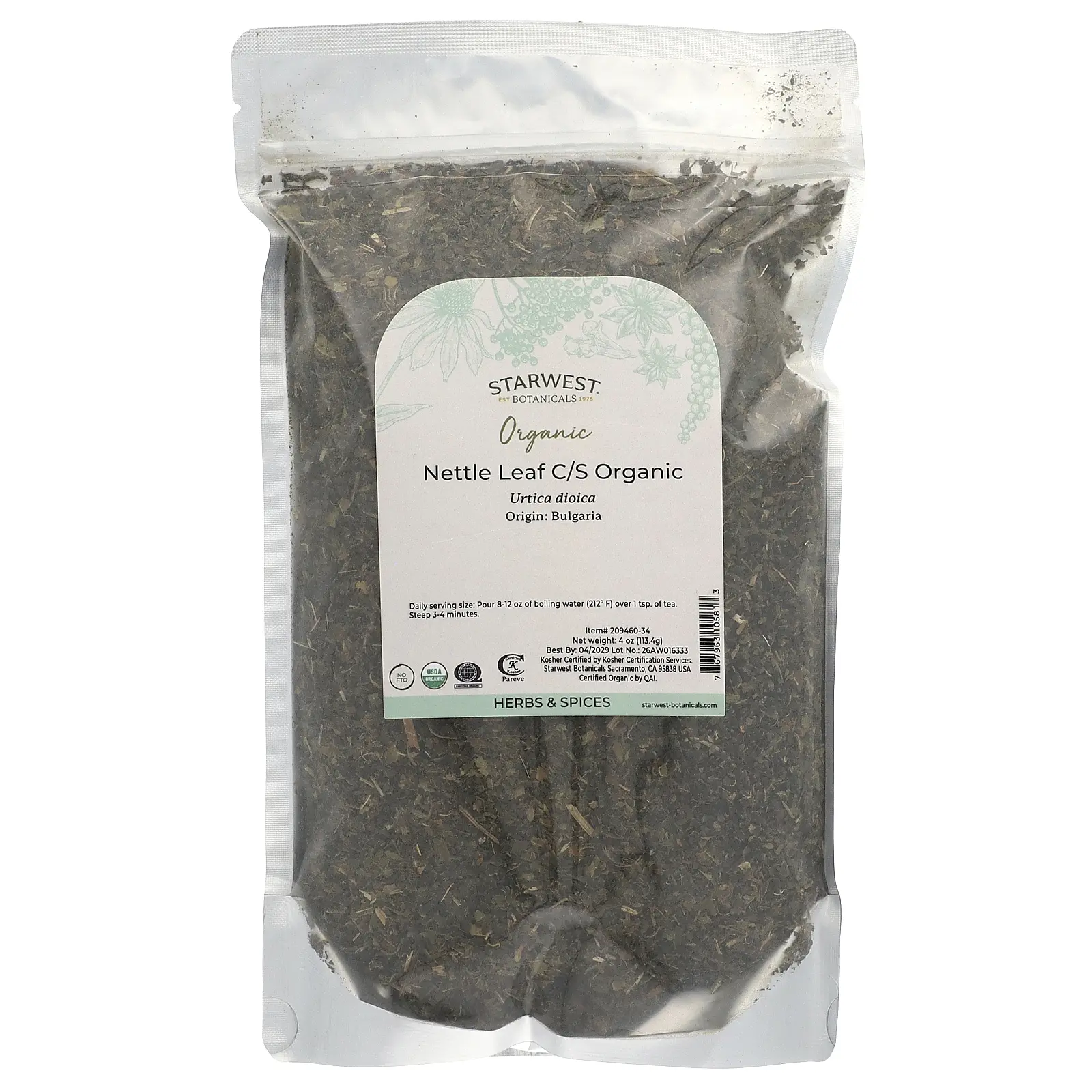 Starwest Botanicals Organic Nettle Leaf C/S, 4 oz (113.4 g)
