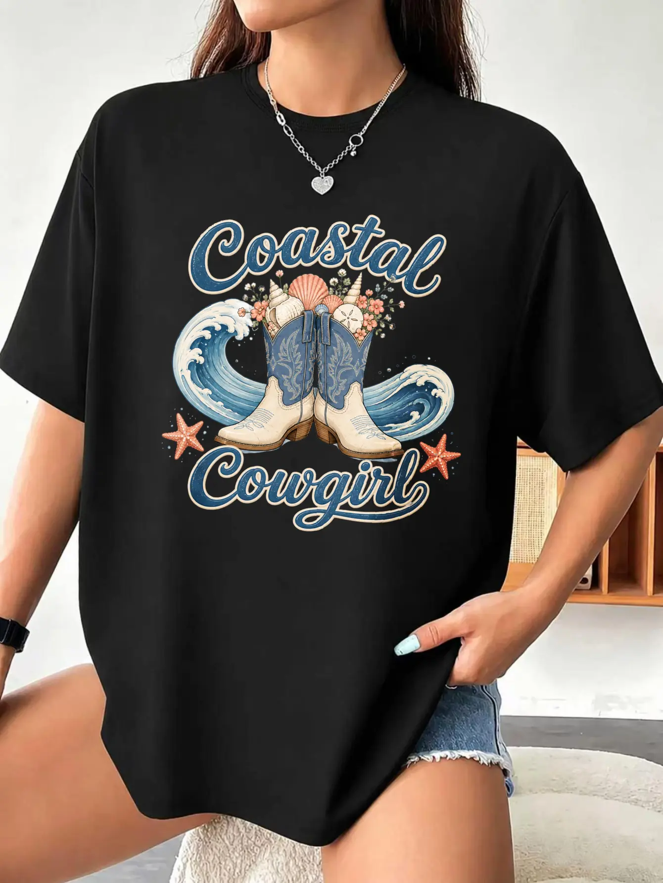 Women's Oversized 100% Cowgirl T-Shirt - Coastal Western Beachwear with Cowgirl, Waves & Starfish Print, Crew Neck Summer Style Suitable for Cowgirl Lovers, for Ranch, Surfing, Casual Outfits