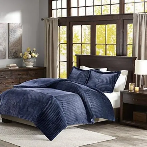 Premier Comfort BASI10-0424 Parker Soft Ultra Plush Corduroy Comforter Mini Set - Navy Patterned Polyester Bedding Sets Collections, Full/Queen Size for Cozy Setup