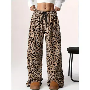 Leopard Print Drawstring Pants, Y2K Fuzzy Teddy Straight Leg Pants For Winter & Fall, Women's Clothing