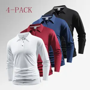 Men’s 4-pack breathable mesh long-sleeve Polo shirts, slim-fit business casual collared tops with ventilation holes for work.