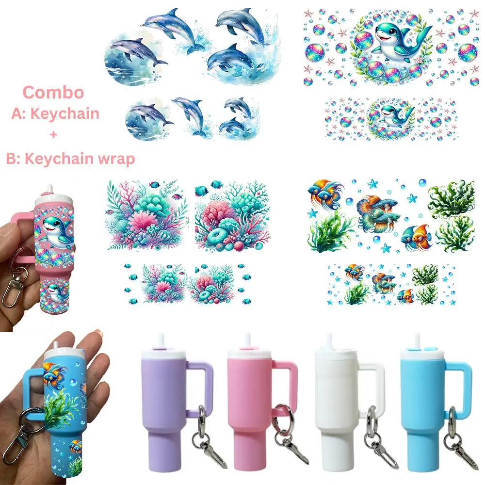 Ocean Themed DIY Creative Craft Kit, 8pcs/set Mini Water Bottle Keychain & UV DTF Transfer Sticker, DIY Handmade Set, Holiday Gift, Party Gift