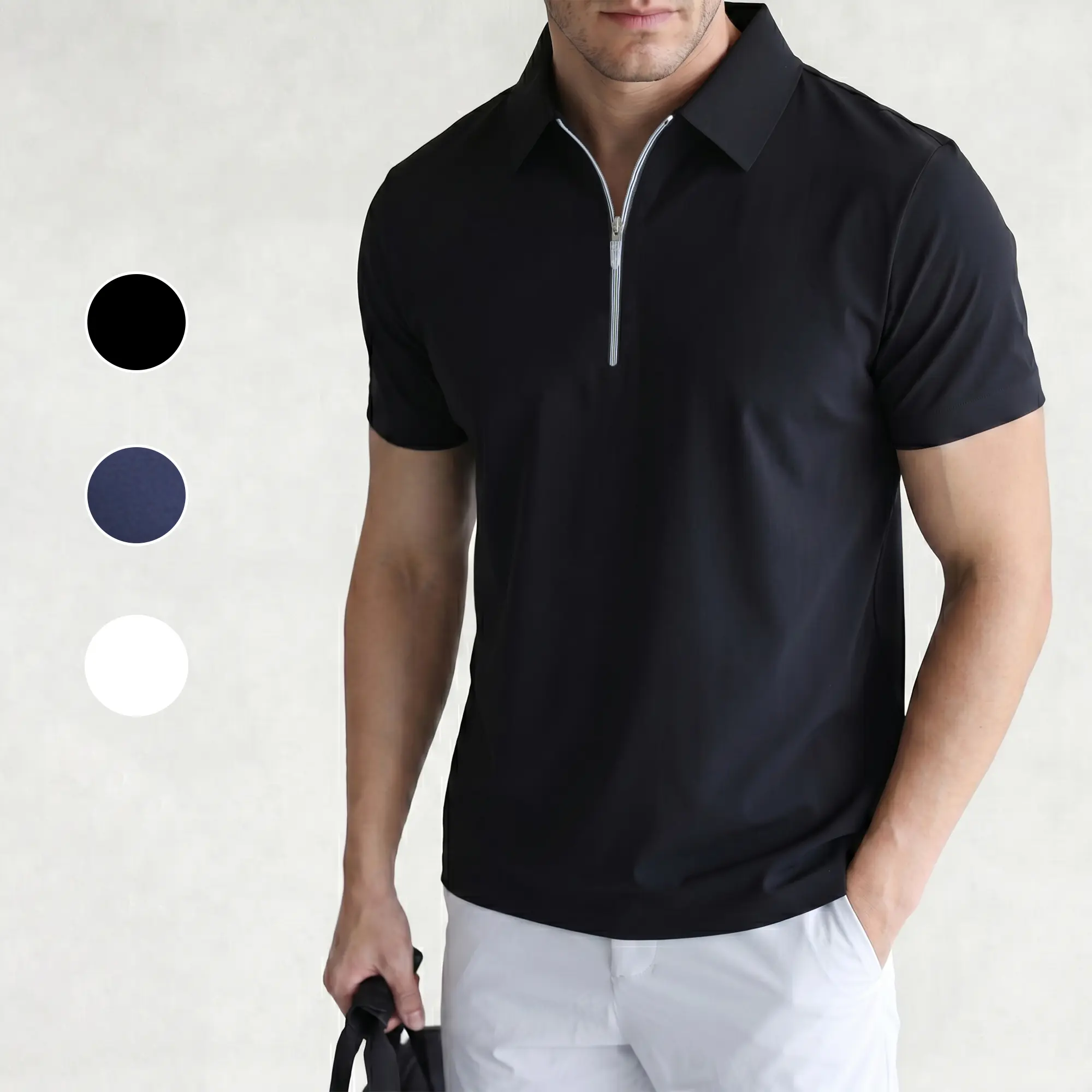 NELEUS Menswear Men's Slim-Fit Quarter Zip Polo Shirt - 7A Antibacterial Ice-Silk Spandex, Quick Dry, Wrinkle-Resistant, Stretch Short Sleeve Top for Sports, Casual Daily Commute with Summerwins Fabric Hem