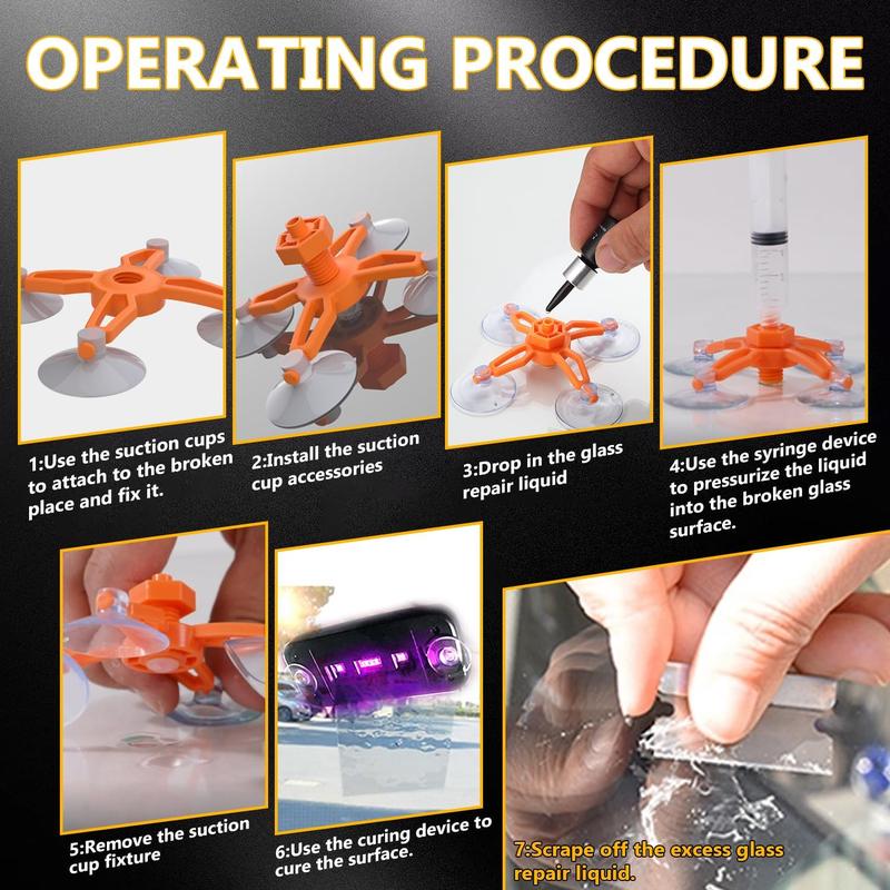 Windshield Repair Kit for Chips and Cracks, Rock Chip Repair Kit Windshield, for All Car Windshield Crack Repair Kit to Repair Scratches, with Curing and Pressurizing Device (Orange)