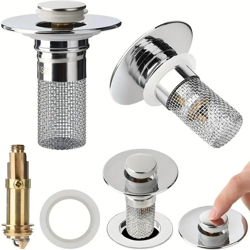 Bathroom Sink Stopper Hair Catcher, Universal Pop Up Sink Drain Filter with Stainless Steel Filter Basket, Bathroom Sink Drain Strainer, Bathroom Accessory, Drain Cover