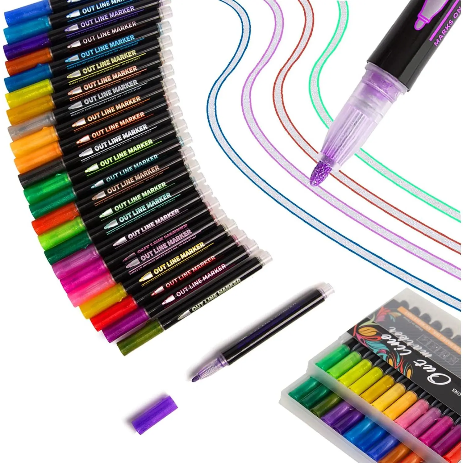 24-Piece Outline Shimmer Metallic Markers Set - Christmas Stocking Stuffers for Teen Girls, Ideal for Drawing, Journaling, Greeting Cards, DIY Photo Album, Arts & Crafts Gifts