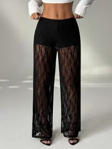 Women's Fashion Elegant Long Pants, Lace High Waist Slim Fit Straight Leg Transparent Elegant Long Pants, Stylish and Comfortable