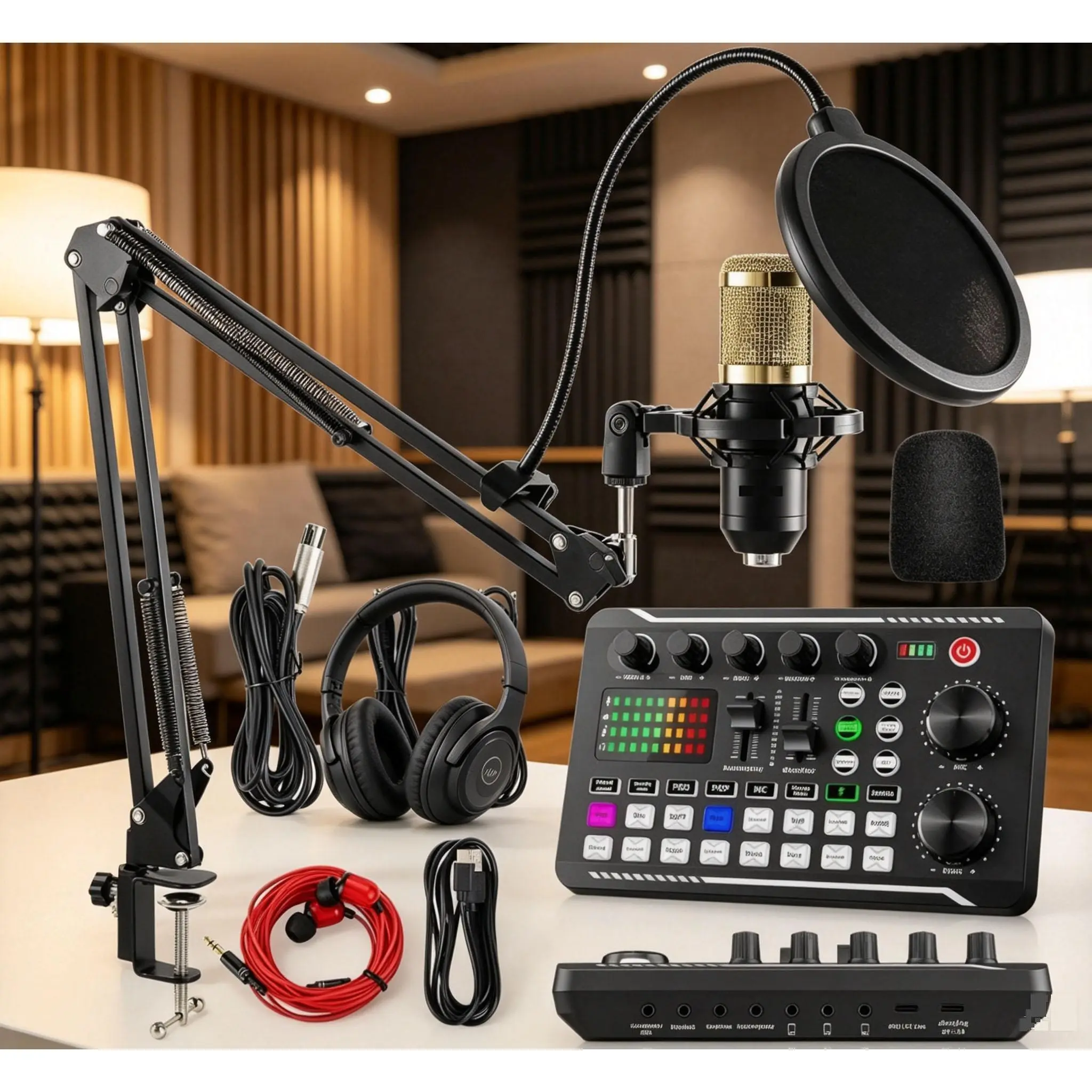 Professional Podcast Recording Pro Audio Kit - BM800 Condenser Microphone, V8s Audio Mixer Bundle for Live Broadcast, Creator Content