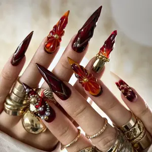 Deep Red Wine Ombre Press-On Nails, 3D Glass Effect, Gold Chains & Pearl Charms, Long Handmade Stiletto, Gift For Her, Luxury Nails
