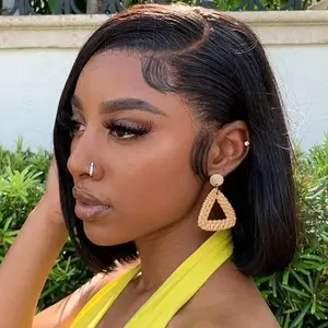 100% Human Hair Side Part Straight Bob Wig 180% Density 100% Human Hair Wigs For Women 7x5 Glueless Wigs Transaprent Lace Closure Wigs Human Hair Highlight Short Bob Wig Side Part Natural HairLine 13x4 Lace Frontal Wig Human Hair