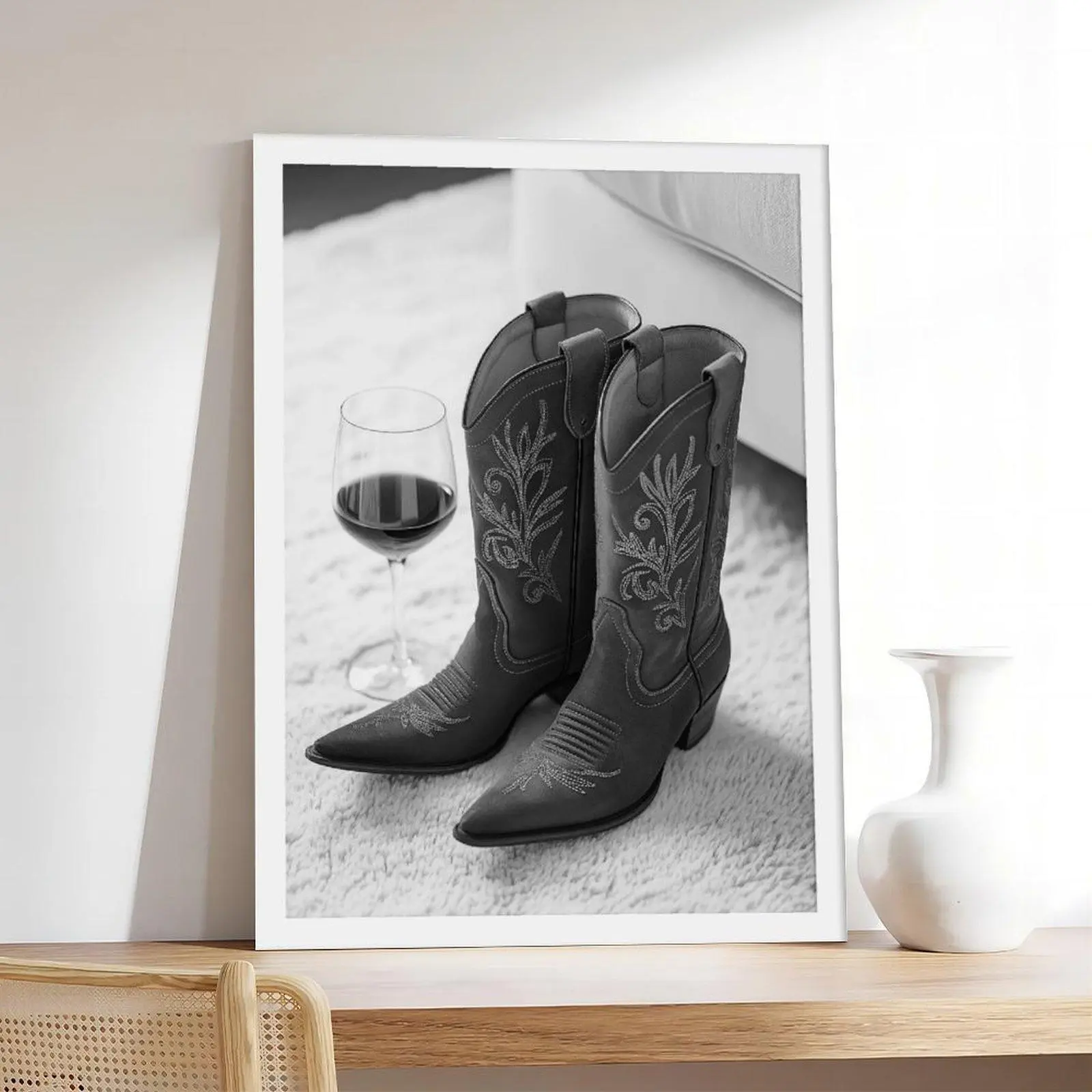 Vintage Cowgirl Boots & Red Wine Western Bar Couple Poster Print - Minimalist Neutral Aesthetic Look Wall Decor, Gift for Home Decor Enthusiasts (Dimensions May Contain Minor Discrepancies)