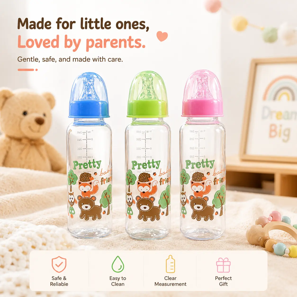 HOTMIR Baby Bottle 9oz Standard Caliber Bottle, Multi Color Optional Baby Feeding Bottle, Newborn Formula Milk Bottle, Portable Baby Bottle, Ideal Newborn Bath Gift for Boys and Girls