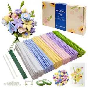 500 Pcs Pipe Cleaner Flower Kit with Tutorial, 6 Colors Pipe Cleaners Craft Chenille Stems Flowers Craft Kit with 20 Pcs Green Floral Wires, Gardening Tape, 2 Colors Stamens, Pearl Beads Pompoms