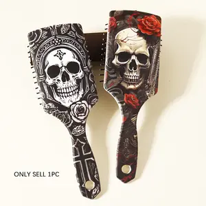 Skull and Flower Pattern Paddle Comb, Massage Exfoliating Brush, Durable Abs Plastic Handle, Suitable for All Hairstyles